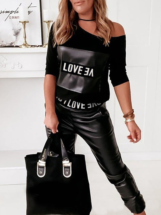 Women's Sets Lettering Long Sleeve Leather Pants Two Piece Set - Sets - Instastyled | Online Fashion Free Shipping Clothing, Dresses, Tops, Shoes - 22/01/2022 - Bottoms - color-black