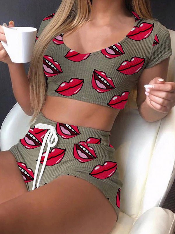 Women's Sets Lip Print Crop Top & Shorts Two-Piece Set - Sets - Instastyled | Online Fashion Free Shipping Clothing, Dresses, Tops, Shoes - 10-20 - 25/03/2022 - Bottoms