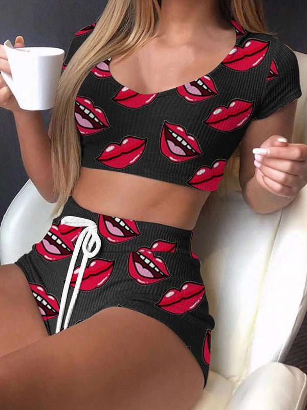 Women's Sets Lip Print Crop Top & Shorts Two-Piece Set - Sets - Instastyled | Online Fashion Free Shipping Clothing, Dresses, Tops, Shoes - 10-20 - 25/03/2022 - Bottoms