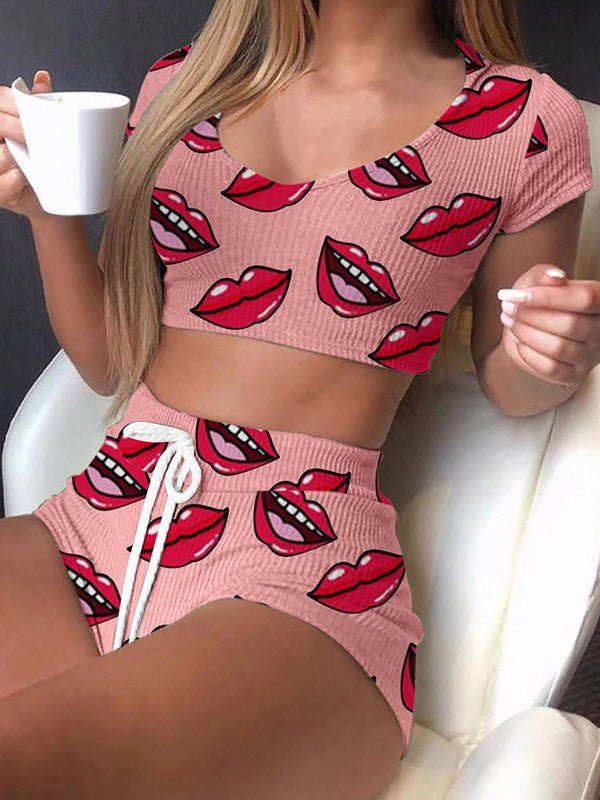 Women's Sets Lip Print Crop Top & Shorts Two-Piece Set - Sets - Instastyled | Online Fashion Free Shipping Clothing, Dresses, Tops, Shoes - 10-20 - 25/03/2022 - Bottoms