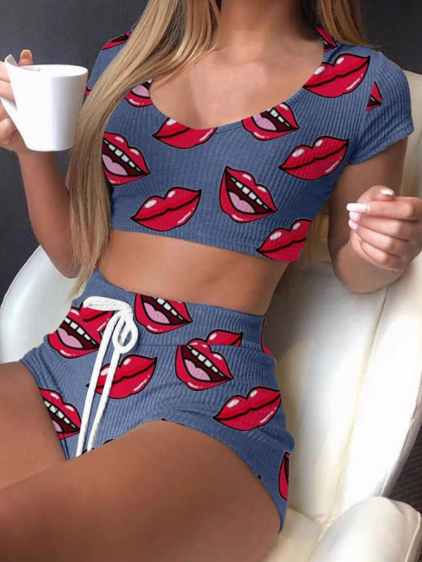 Women's Sets Lip Print Crop Top & Shorts Two-Piece Set - Sets - Instastyled | Online Fashion Free Shipping Clothing, Dresses, Tops, Shoes - 10-20 - 25/03/2022 - Bottoms