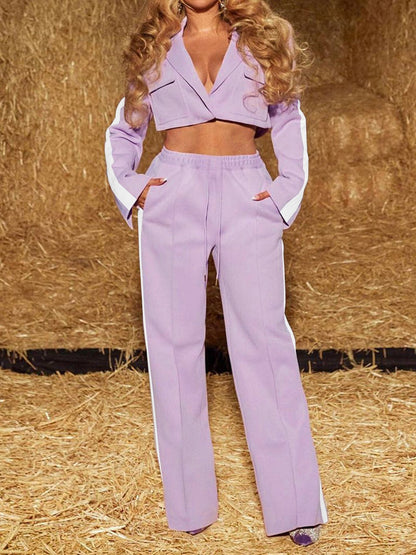 Women's Sets Long Sleeve Crop Top & Trousers Casual Two-Piece Suit - Sets - Instastyled | Online Fashion Free Shipping Clothing, Dresses, Tops, Shoes - 18/12/2021 - Bottoms - Color_Purple