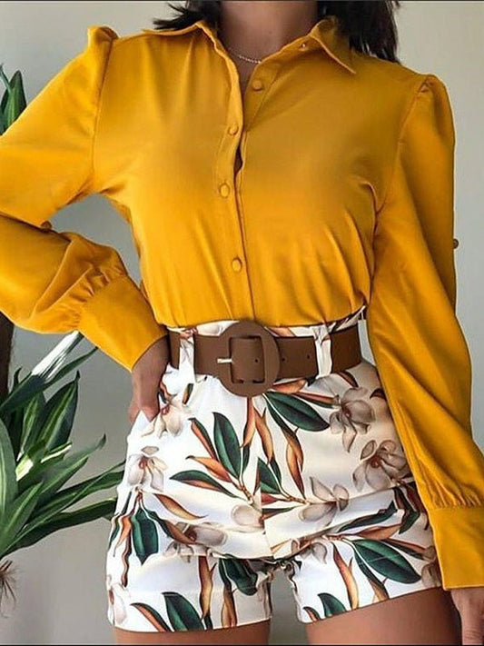 Women's Sets Long Sleeve Lapel Shirt Belt Print Shorts Two Piece Set - Sets - Instastyled | Online Fashion Free Shipping Clothing, Dresses, Tops, Shoes - 24/02/2022 - Bottoms - color-pink