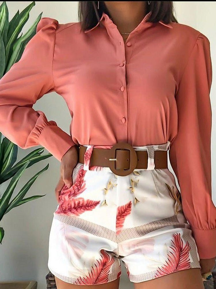 Women's Sets Long Sleeve Lapel Shirt Belt Print Shorts Two Piece Set - Sets - Instastyled | Online Fashion Free Shipping Clothing, Dresses, Tops, Shoes - 24/02/2022 - Bottoms - color-pink