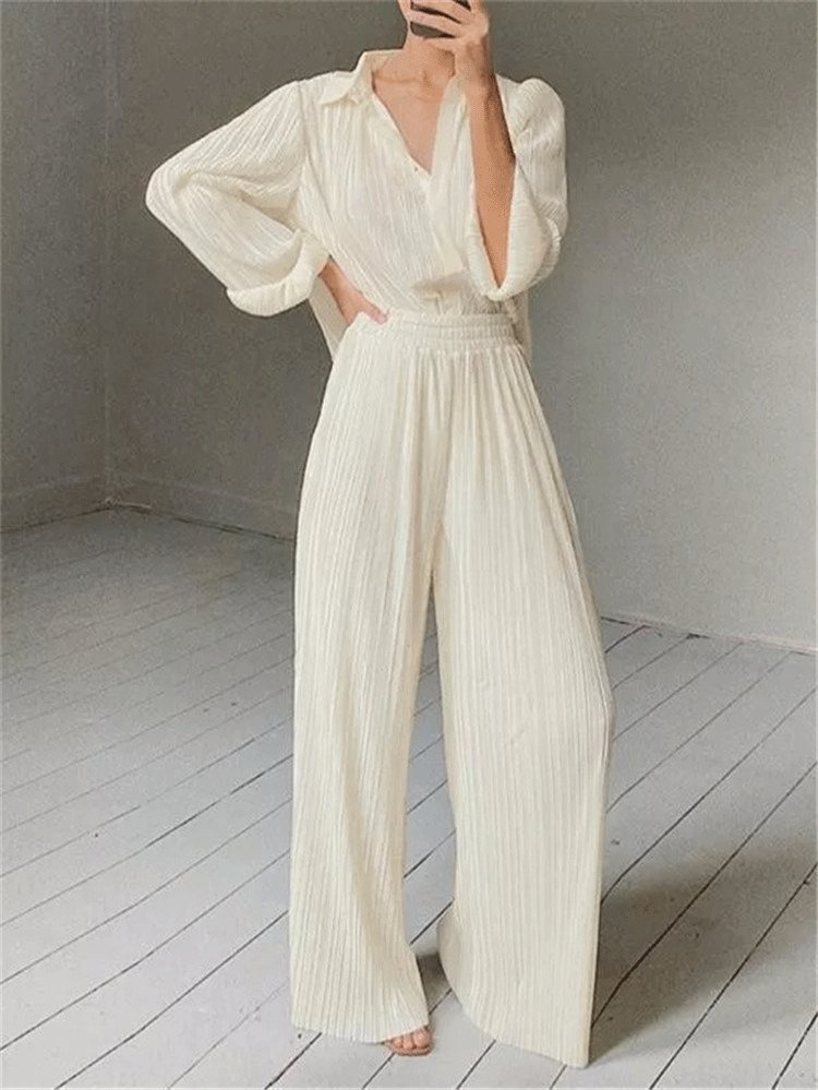 Women's Sets Long Sleeve Pleated Shirt & Wide-Leg Trousers Two-Piece Suit - Set - INS | Online Fashion Free Shipping Clothing, Dresses, Tops, Shoes - 28/09/2021 - Bottom - color-beige