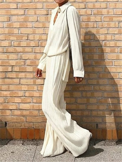 Women's Sets Long Sleeve Pleated Shirt & Wide-Leg Trousers Two-Piece Suit - Set - INS | Online Fashion Free Shipping Clothing, Dresses, Tops, Shoes - 28/09/2021 - Bottom - color-beige