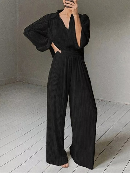 Women's Sets Long Sleeve Pleated Shirt & Wide-Leg Trousers Two-Piece Suit - Set - INS | Online Fashion Free Shipping Clothing, Dresses, Tops, Shoes - 28/09/2021 - Bottom - color-beige