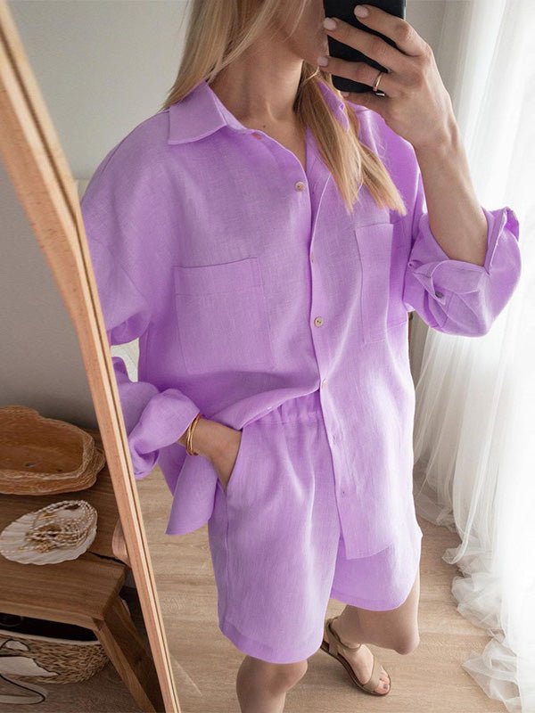 Women's Sets Long Sleeve Shirt & Elastic Waist Shorts Two-Piece Set - Sets - Instastyled | Online Fashion Free Shipping Clothing, Dresses, Tops, Shoes - 13/06/2022 - 40-50 - Bottoms