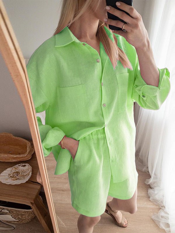 Women's Sets Long Sleeve Shirt & Elastic Waist Shorts Two-Piece Set - Sets - Instastyled | Online Fashion Free Shipping Clothing, Dresses, Tops, Shoes - 13/06/2022 - 40-50 - Bottoms