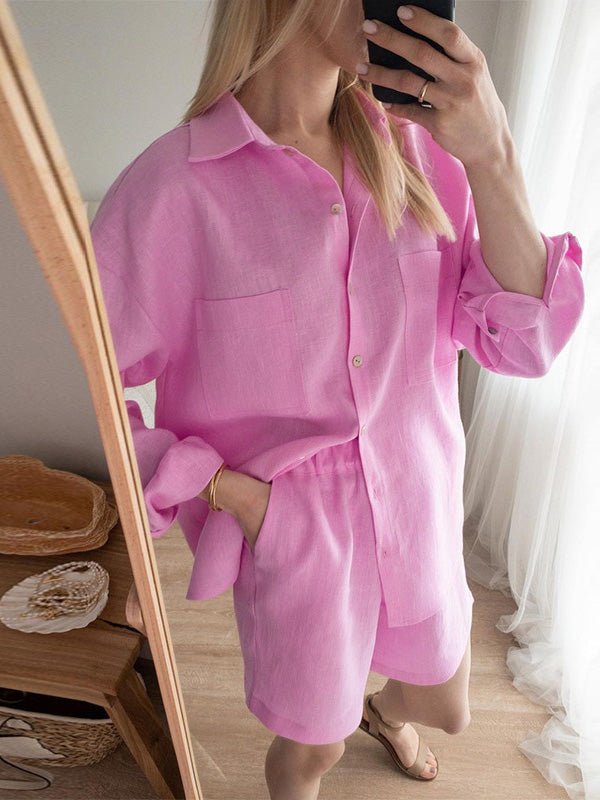 Women's Sets Long Sleeve Shirt & Elastic Waist Shorts Two-Piece Set - Sets - Instastyled | Online Fashion Free Shipping Clothing, Dresses, Tops, Shoes - 13/06/2022 - 40-50 - Bottoms