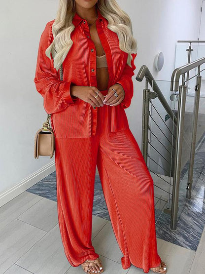 Women's Sets Long Sleeve Shirt & Wide-Leg Pants Two-Piece Suit - Sets - INS | Online Fashion Free Shipping Clothing, Dresses, Tops, Shoes - 22/11/2021 - 40-50 - Bottoms