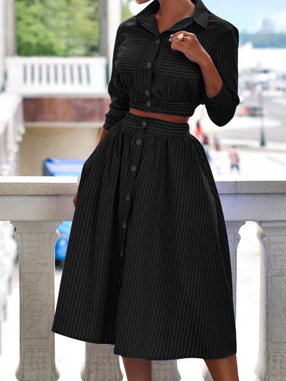 Women's Sets Long Sleeve Striped Shirt & Skirt Two-Piece Set - Sets - Instastyled | Online Fashion Free Shipping Clothing, Dresses, Tops, Shoes - 28/03/2022 - Bottoms - color-black