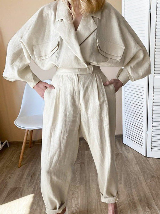 Women's Sets Loose Long Sleeve Shirt & Pants Two Piece Set - Sets - Instastyled | Online Fashion Free Shipping Clothing, Dresses, Tops, Shoes - 09/09/2022 - bottoms - color-beige