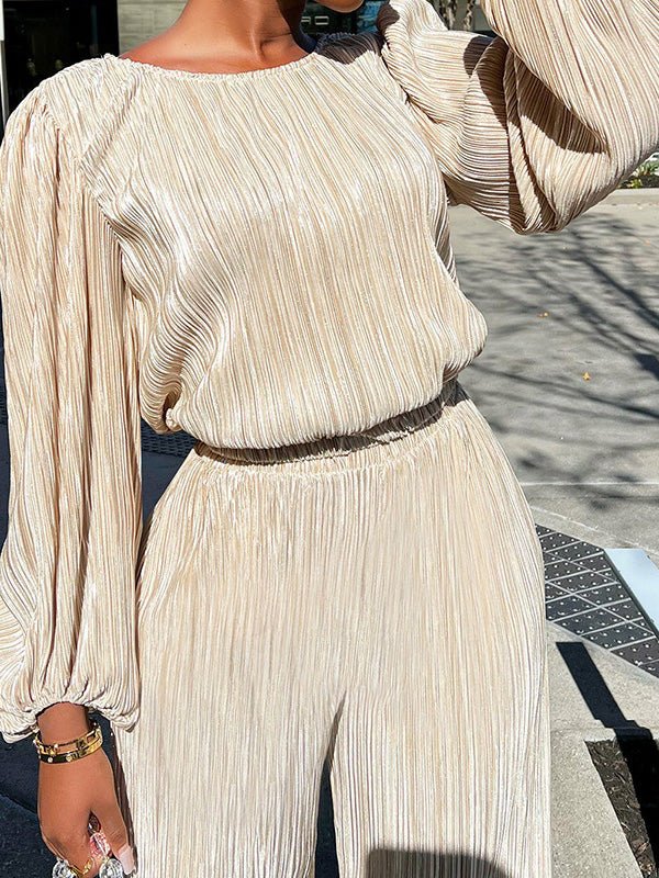 Women's Sets Loose Pleated Long Sleeve Top & Wide Leg Pants Two Piece Set - Sets - Instastyled | Online Fashion Free Shipping Clothing, Dresses, Tops, Shoes - 04/08/2022 - Bottoms - Color_Apricot