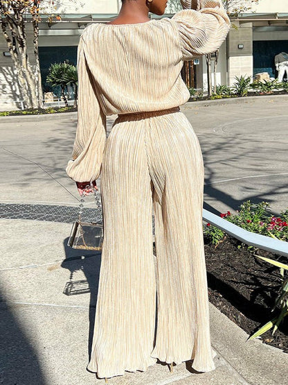 Women's Sets Loose Pleated Long Sleeve Top & Wide Leg Pants Two Piece Set - Sets - Instastyled | Online Fashion Free Shipping Clothing, Dresses, Tops, Shoes - 04/08/2022 - Bottoms - Color_Apricot