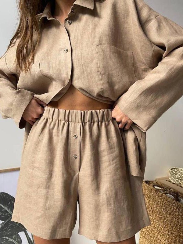 Women's Sets Loose Solid Long Sleeve Shirt & Shorts Two-Piece Set - Sets - Instastyled | Online Fashion Free Shipping Clothing, Dresses, Tops, Shoes - 02/08/2022 - 40-50 - bottoms