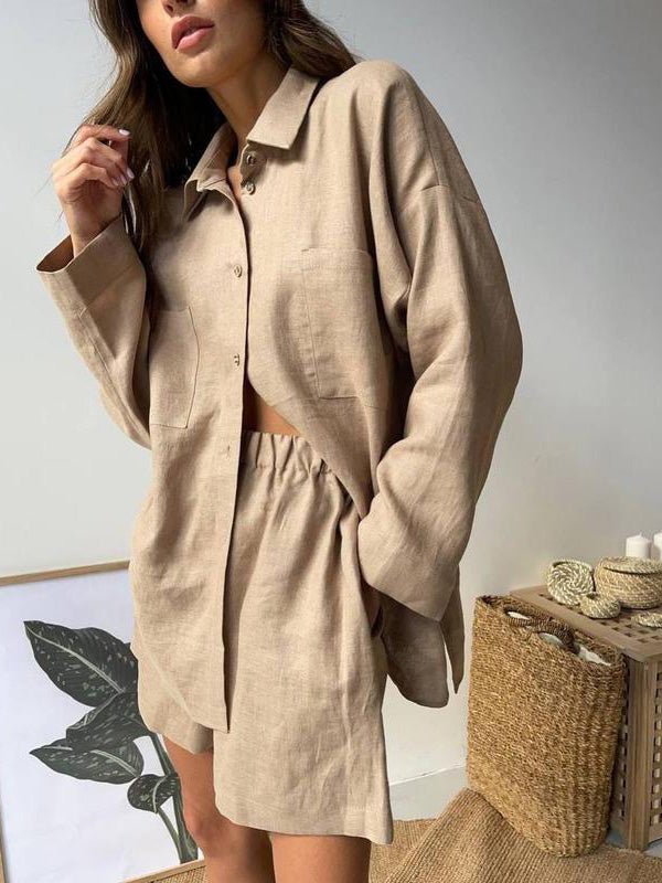 Women's Sets Loose Solid Long Sleeve Shirt & Shorts Two-Piece Set - Sets - Instastyled | Online Fashion Free Shipping Clothing, Dresses, Tops, Shoes - 02/08/2022 - 40-50 - bottoms