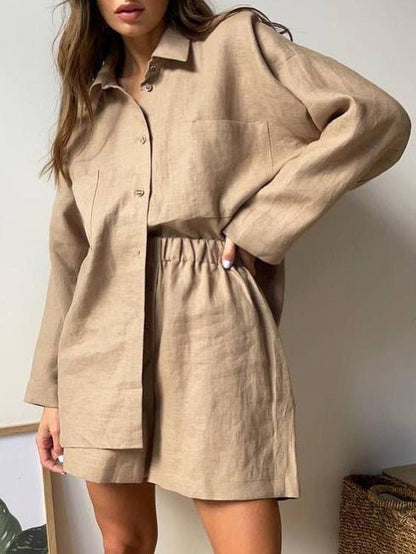 Women's Sets Loose Solid Long Sleeve Shirt & Shorts Two-Piece Set - Sets - Instastyled | Online Fashion Free Shipping Clothing, Dresses, Tops, Shoes - 02/08/2022 - 40-50 - bottoms