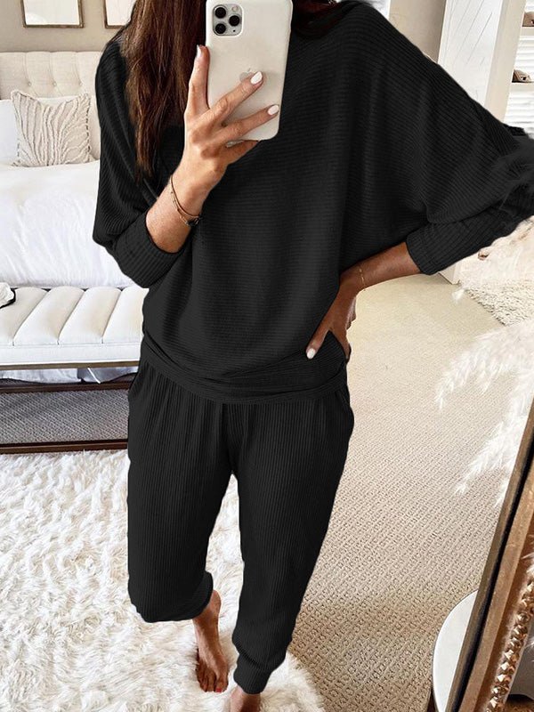 Women's Sets Loose Solid Long Sleeve Top & Pants Two Piece Set - Sets - Instastyled | Online Fashion Free Shipping Clothing, Dresses, Tops, Shoes - 19/09/2022 - Bottoms - Color_Black