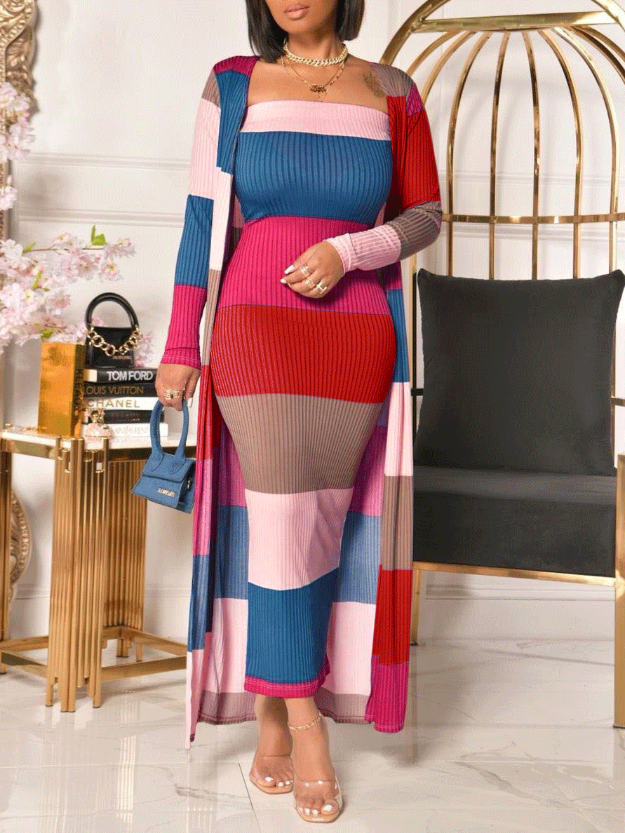 Women's Sets Multicolor Striped Dress & Coat Two-Piece Suit - Sets - INS | Online Fashion Free Shipping Clothing, Dresses, Tops, Shoes - 21/10/2021 - 40-50 - Bottom