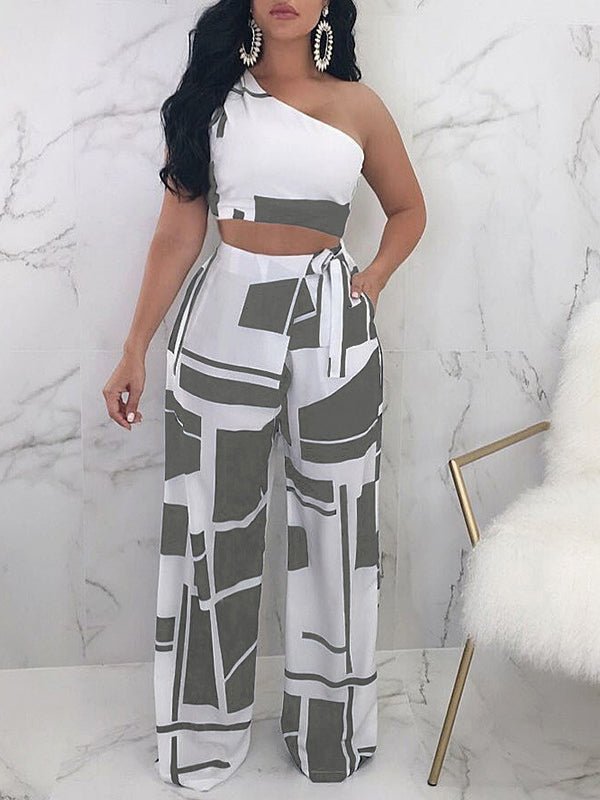 Women's Sets One Shoulder Crop Top & Printed Wide Leg Pants Two Piece Set - Sets - Instastyled | Online Fashion Free Shipping Clothing, Dresses, Tops, Shoes - 16/07/2022 - 30-40 - bottoms