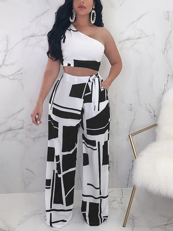 Women's Sets One Shoulder Crop Top & Printed Wide Leg Pants Two Piece Set - Sets - Instastyled | Online Fashion Free Shipping Clothing, Dresses, Tops, Shoes - 16/07/2022 - 30-40 - bottoms