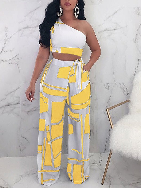 Women's Sets One Shoulder Crop Top & Printed Wide Leg Pants Two Piece Set - Sets - Instastyled | Online Fashion Free Shipping Clothing, Dresses, Tops, Shoes - 16/07/2022 - 30-40 - bottoms