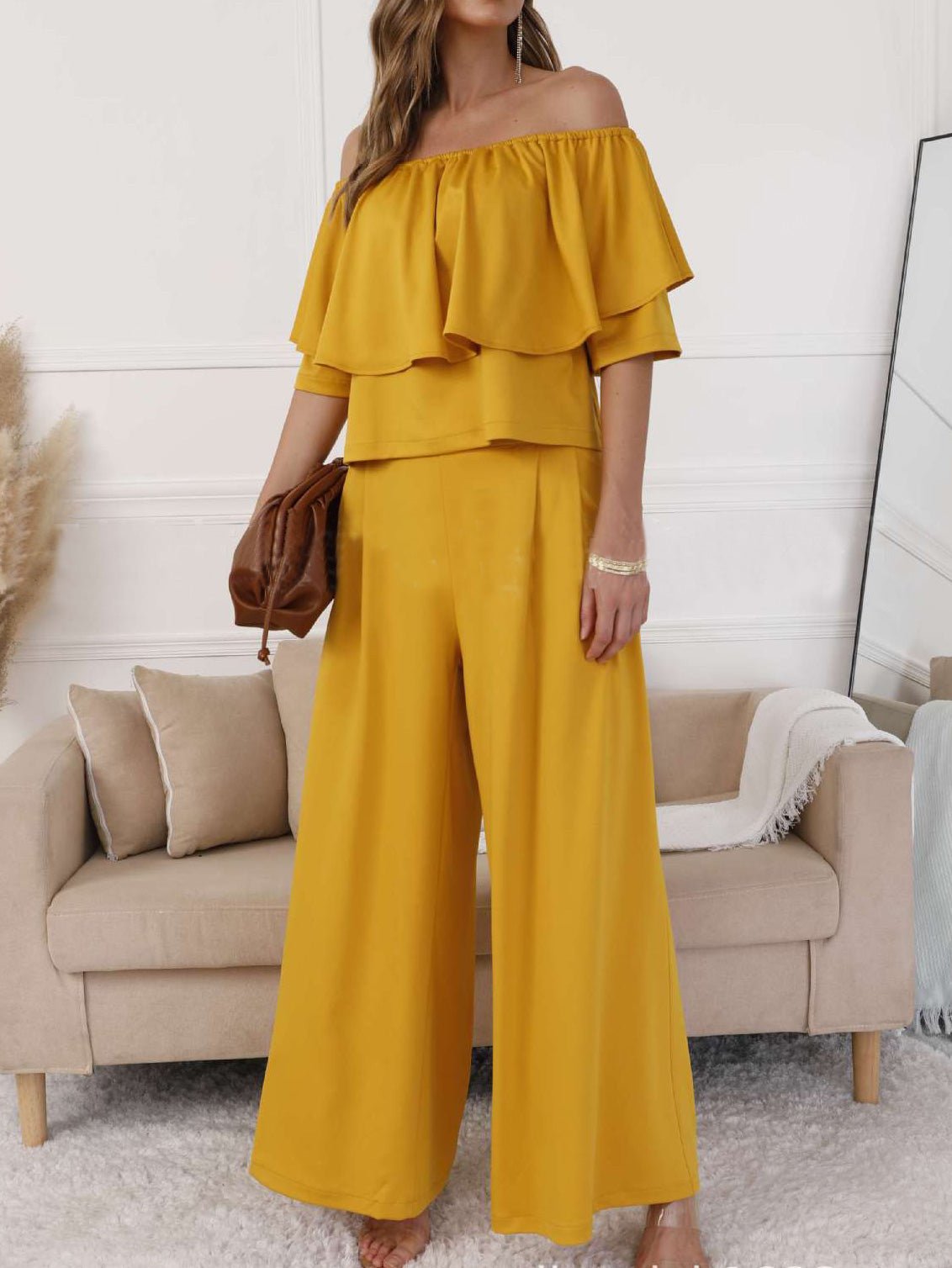 Women's Sets One-Shoulder Ruffle Top & Wide Leg Pants Two Piece Set - Sets - Instastyled | Online Fashion Free Shipping Clothing, Dresses, Tops, Shoes - 30/06/2022 - 40-50 - Bottoms