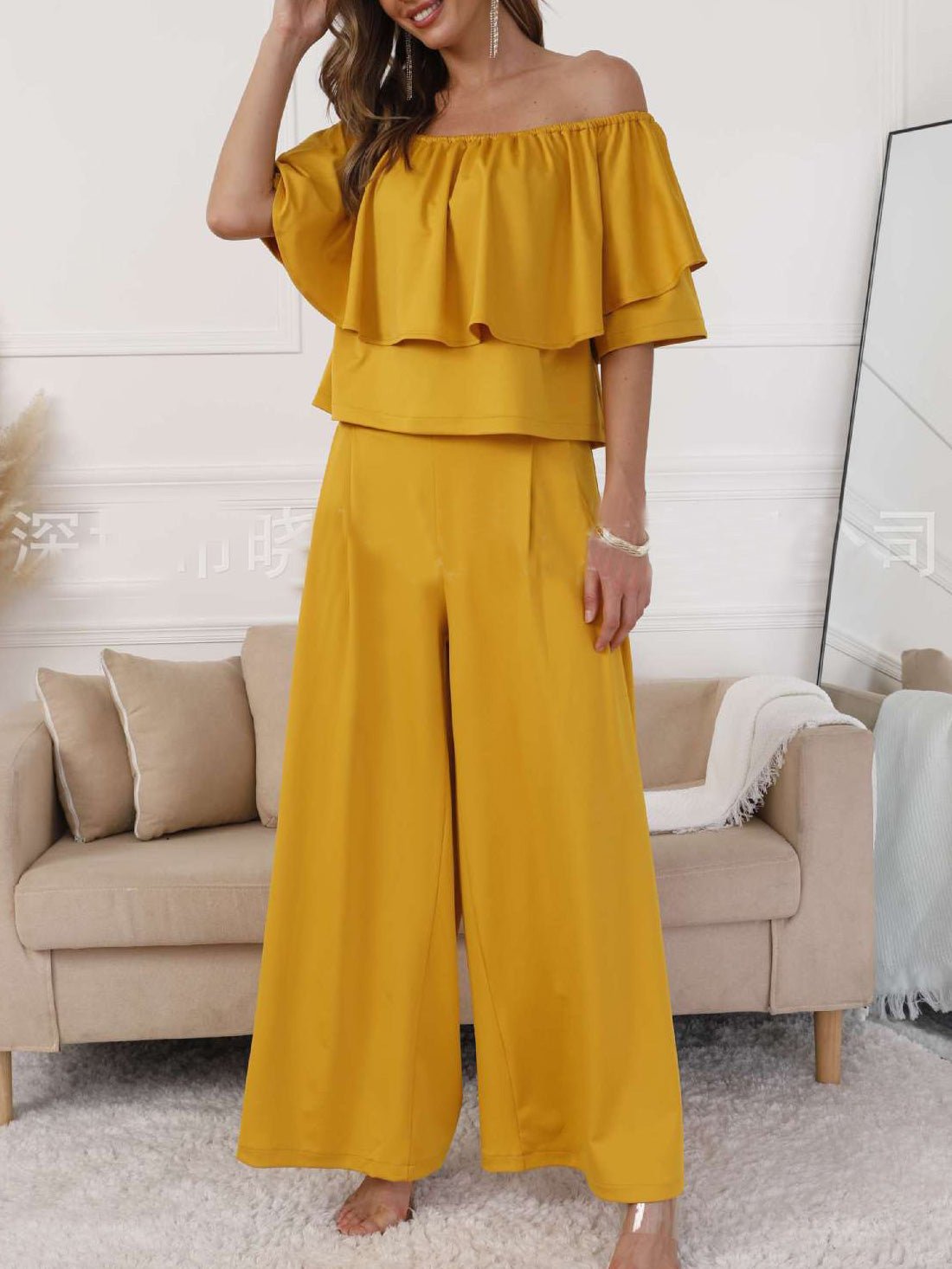 Women's Sets One-Shoulder Ruffle Top & Wide Leg Pants Two Piece Set - Sets - Instastyled | Online Fashion Free Shipping Clothing, Dresses, Tops, Shoes - 30/06/2022 - 40-50 - Bottoms