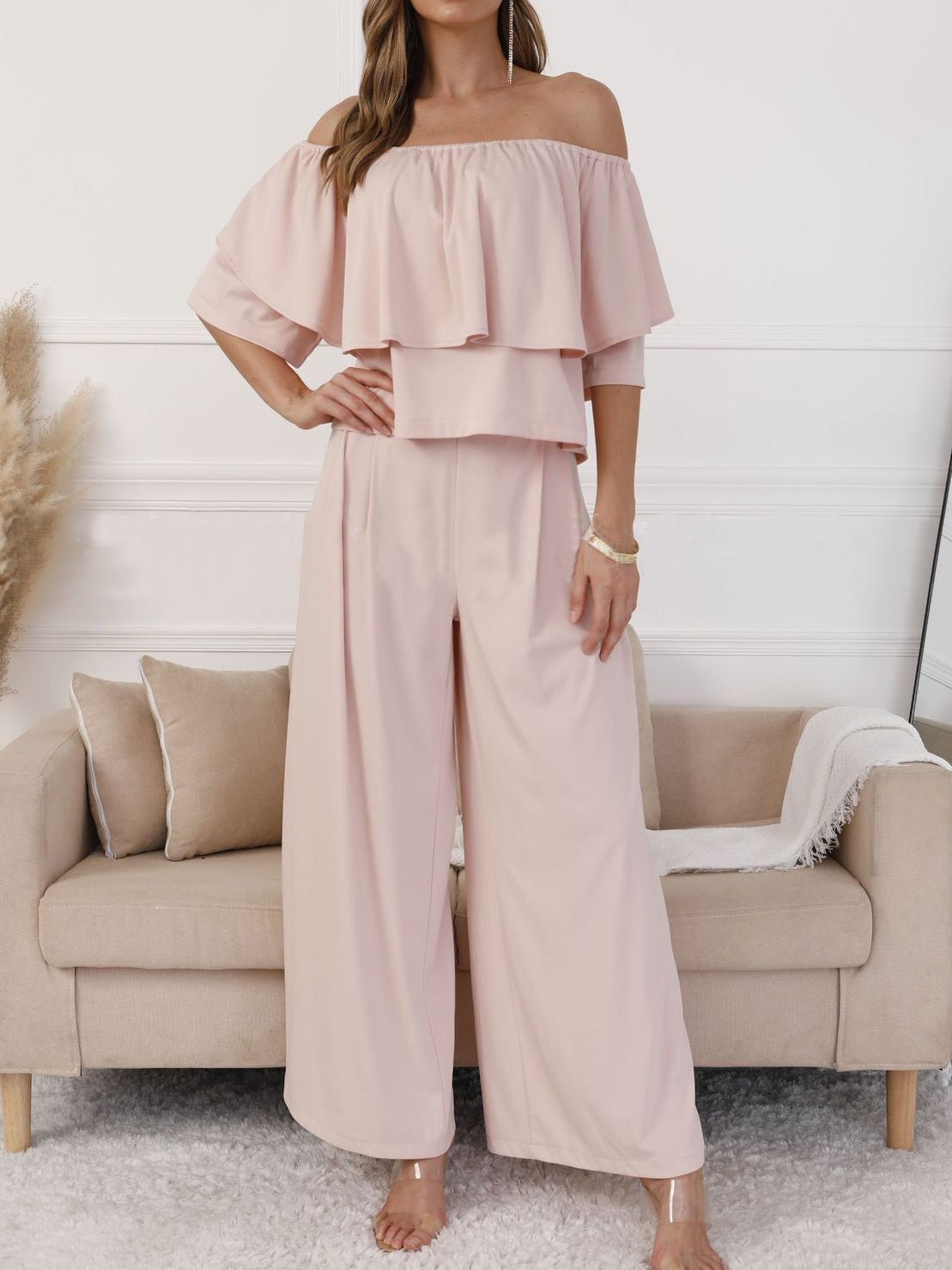 Women's Sets One-Shoulder Ruffle Top & Wide Leg Pants Two Piece Set - Sets - Instastyled | Online Fashion Free Shipping Clothing, Dresses, Tops, Shoes - 30/06/2022 - 40-50 - Bottoms