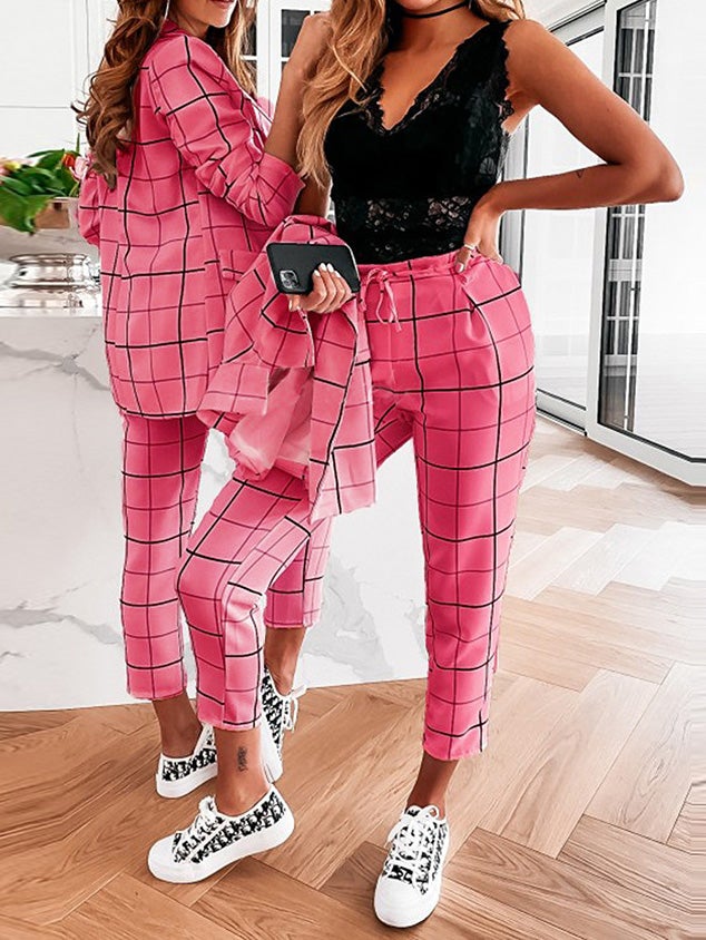 Women's Sets Plaid Double-Breasted Blazers & Trousers Two-Piece Suit - Sets - Instastyled | Online Fashion Free Shipping Clothing, Dresses, Tops, Shoes - 28/12/2021 - Bottoms - color-apricot