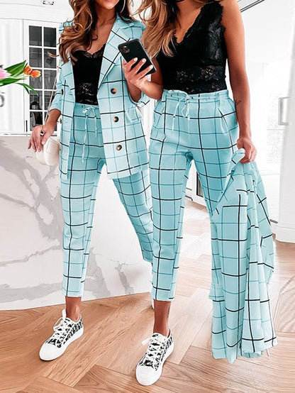 Women's Sets Plaid Double-Breasted Blazers & Trousers Two-Piece Suit - Sets - Instastyled | Online Fashion Free Shipping Clothing, Dresses, Tops, Shoes - 28/12/2021 - Bottoms - color-apricot