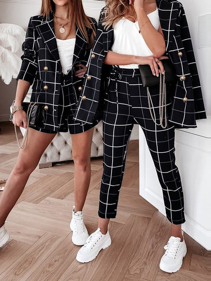 Women's Sets Plaid Double-Breasted Blazers & Trousers Two-Piece Suit - Sets - Instastyled | Online Fashion Free Shipping Clothing, Dresses, Tops, Shoes - 28/12/2021 - Bottoms - color-apricot