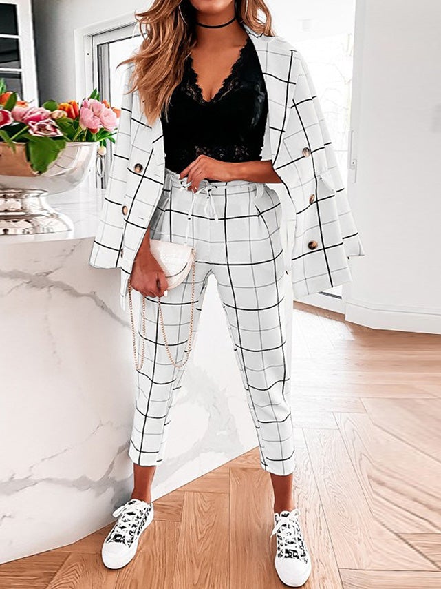 Women's Sets Plaid Double-Breasted Blazers & Trousers Two-Piece Suit - Sets - Instastyled | Online Fashion Free Shipping Clothing, Dresses, Tops, Shoes - 28/12/2021 - Bottoms - color-apricot