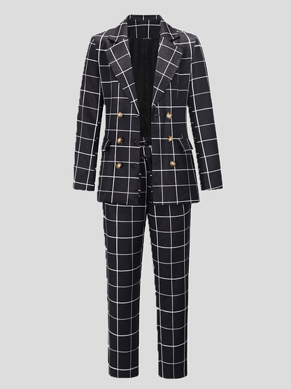 Women's Sets Plaid Double-Breasted Blazers & Trousers Two-Piece Suit - Sets - Instastyled | Online Fashion Free Shipping Clothing, Dresses, Tops, Shoes - 28/12/2021 - Bottoms - color-apricot