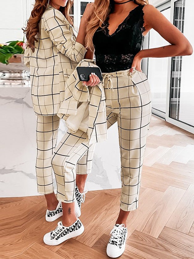 Women's Sets Plaid Double-Breasted Blazers & Trousers Two-Piece Suit - Sets - Instastyled | Online Fashion Free Shipping Clothing, Dresses, Tops, Shoes - 28/12/2021 - Bottoms - color-apricot