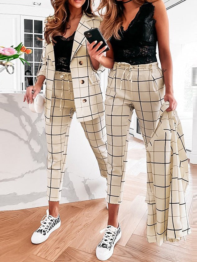 Women's Sets Plaid Double-Breasted Blazers & Trousers Two-Piece Suit - Sets - Instastyled | Online Fashion Free Shipping Clothing, Dresses, Tops, Shoes - 28/12/2021 - Bottoms - color-apricot