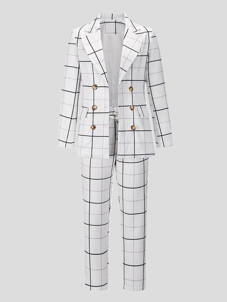 Women's Sets Plaid Double-Breasted Blazers & Trousers Two-Piece Suit - Sets - Instastyled | Online Fashion Free Shipping Clothing, Dresses, Tops, Shoes - 28/12/2021 - Bottoms - color-apricot