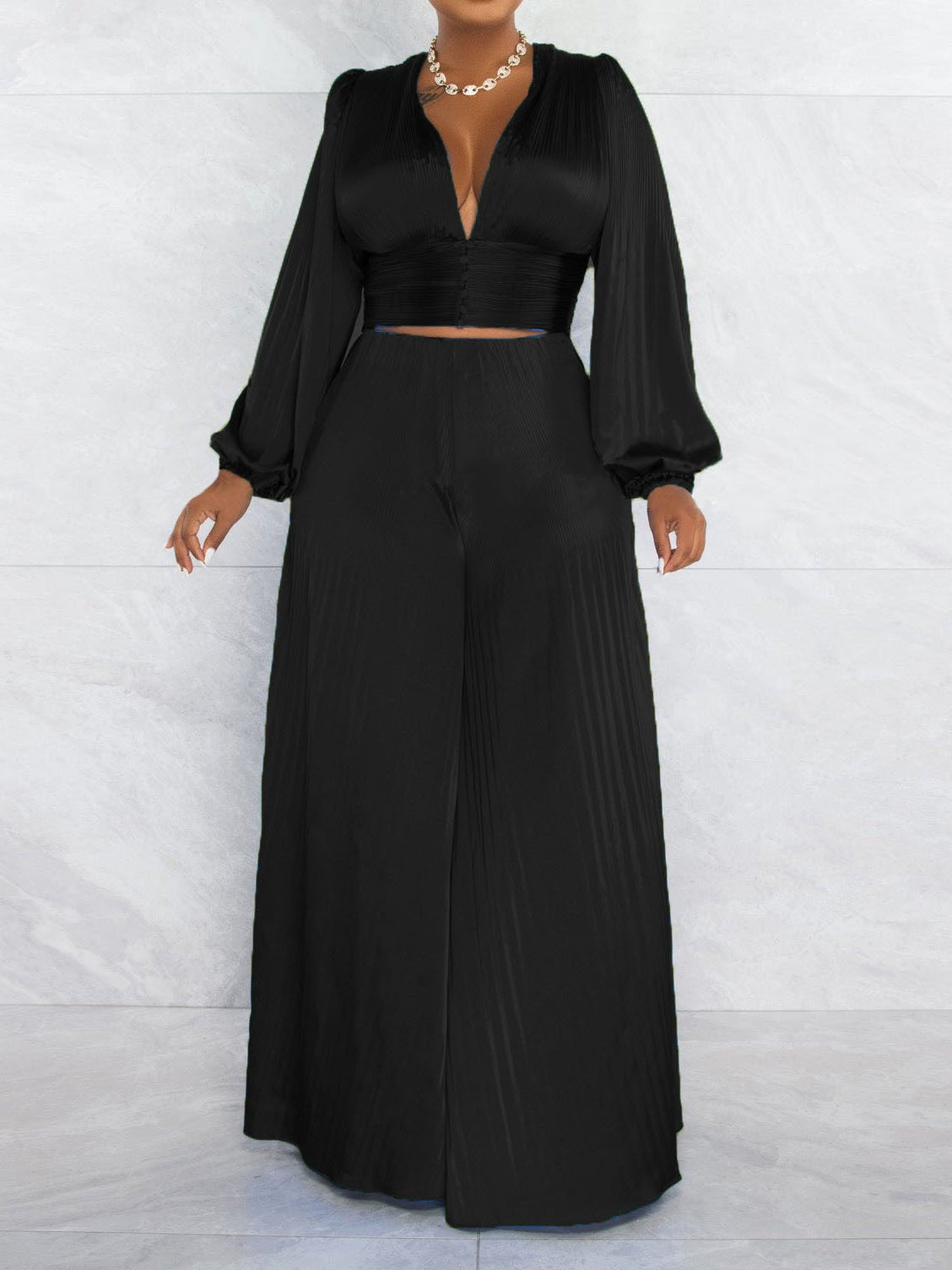 Women's Sets Pleated V-Neck Crop Top & Wide Leg Pants Casual Set - Sets - Instastyled | Online Fashion Free Shipping Clothing, Dresses, Tops, Shoes - 15/09/2022 - Bottoms - Color_Black