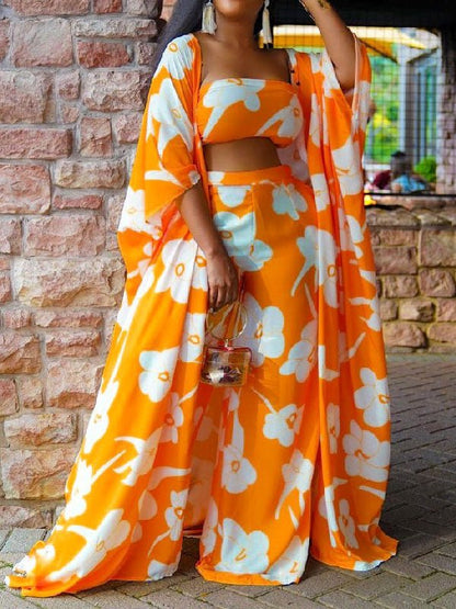 Women's Sets Printed Bandeau Wide Leg Pants Three-Piece Set - Sets - Instastyled | Online Fashion Free Shipping Clothing, Dresses, Tops, Shoes - 01/08/2022 - bottoms - color-orange