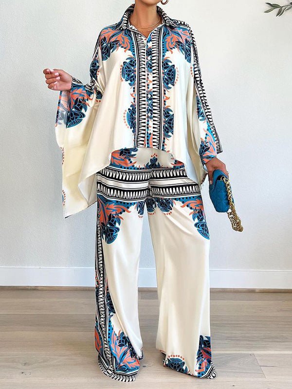 Women's Sets Printed Doll Sleeve Shirt & Trousers Two Piece Set - Sets - Instastyled | Online Fashion Free Shipping Clothing, Dresses, Tops, Shoes - 01/08/2022 - bottoms - color-blue