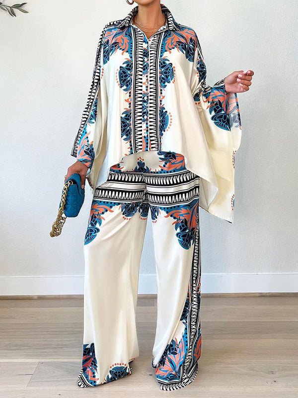 Women's Sets Printed Doll Sleeve Shirt & Trousers Two Piece Set - Sets - Instastyled | Online Fashion Free Shipping Clothing, Dresses, Tops, Shoes - 01/08/2022 - bottoms - color-blue