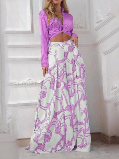 Women's Sets Printed Lace-Up Shirt & Wide Leg Pants Two-Piece Set - Sets - Instastyled | Online Fashion Free Shipping Clothing, Dresses, Tops, Shoes - 26/07/2022 - Bottoms - Color_Blue