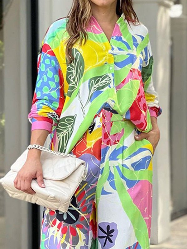 Women's Sets Printed Lapel Shirt & Wide Leg Pants Two-Piece Set - Sets - Instastyled | Online Fashion Free Shipping Clothing, Dresses, Tops, Shoes - 08/08/2022 - Bottoms - Color_Multicolor