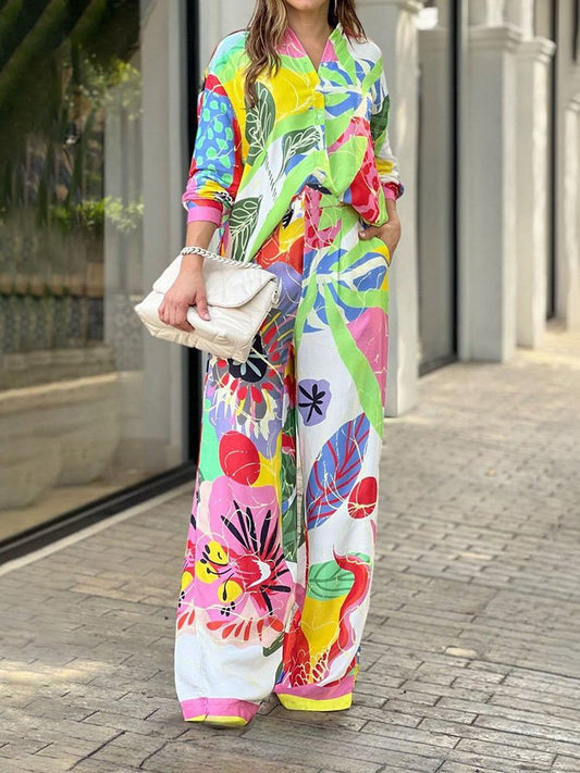 Women's Sets Printed Lapel Shirt & Wide Leg Pants Two-Piece Set - Sets - Instastyled | Online Fashion Free Shipping Clothing, Dresses, Tops, Shoes - 08/08/2022 - Bottoms - Color_Multicolor