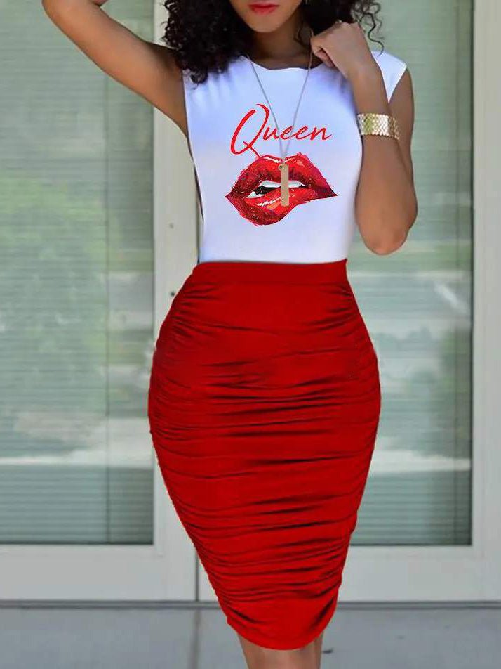 Women's Sets Printed Lips Top & Skirt Two-Piece Set - Sets - Instastyled | Online Fashion Free Shipping Clothing, Dresses, Tops, Shoes - 10/05/2022 - Bottoms - Color_Black