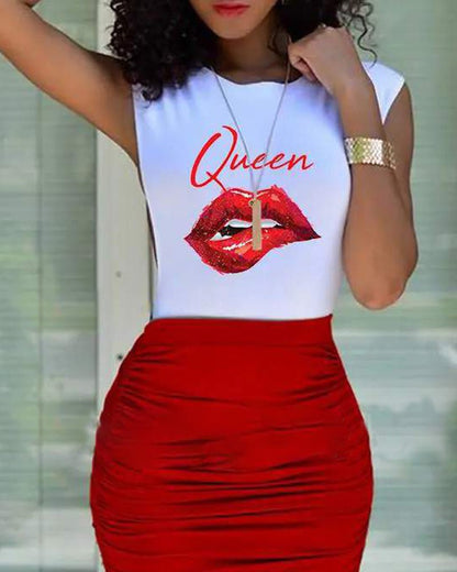 Women's Sets Printed Lips Top & Skirt Two-Piece Set - Sets - Instastyled | Online Fashion Free Shipping Clothing, Dresses, Tops, Shoes - 10/05/2022 - Bottoms - Color_Black