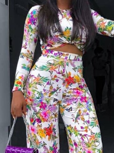 Women's Sets Printed Long Sleeve Crop Top & Trousers Two-Piece Set - Sets - Instastyled | Online Fashion Free Shipping Clothing, Dresses, Tops, Shoes - 17/02/2022 - 40-50 - Bottoms