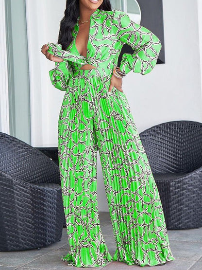 Women's Sets Printed Pleated Long Sleeve Shirt & Pants Two-Piece Set - Sets - Instastyled | Online Fashion Free Shipping Clothing, Dresses, Tops, Shoes - 07/09/2022 - Bottoms - Color_Green