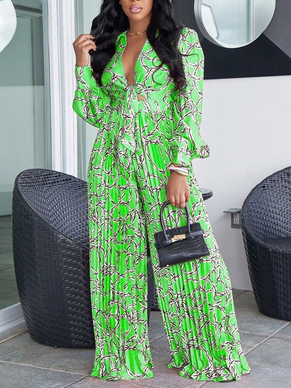 Women's Sets Printed Pleated Long Sleeve Shirt & Pants Two-Piece Set - Sets - Instastyled | Online Fashion Free Shipping Clothing, Dresses, Tops, Shoes - 07/09/2022 - Bottoms - Color_Green